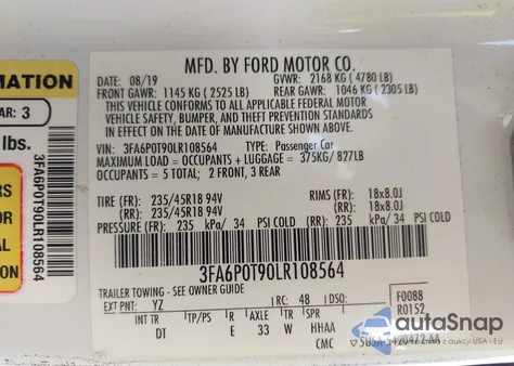 2020 Ford Fusion Se from USA, damaged, VIN 3FA6P0T90LR108564